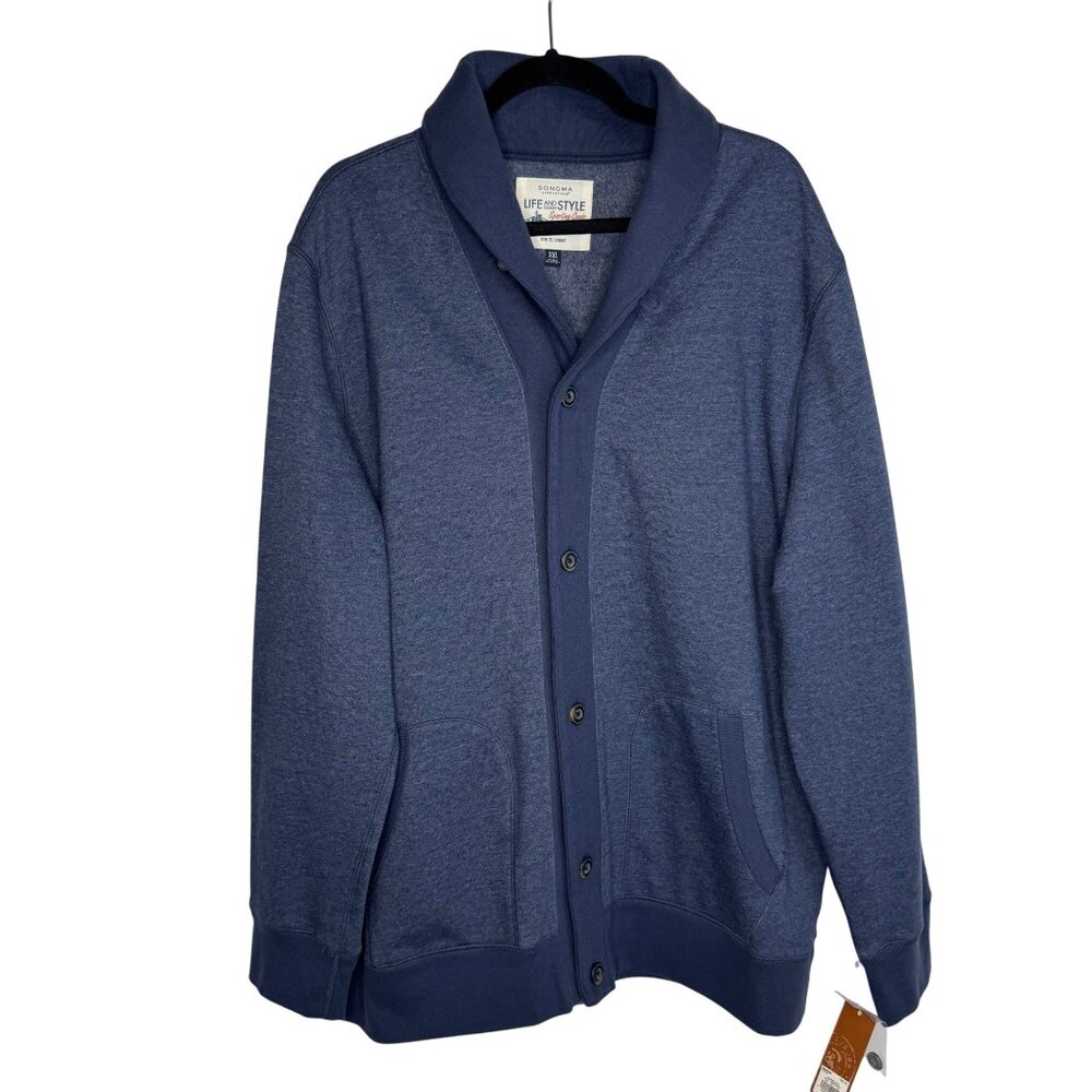 Sonoma Life + Style Blue Cotton Button-Up Cowl Neck Fleece Lined Cardigan Sz XXL